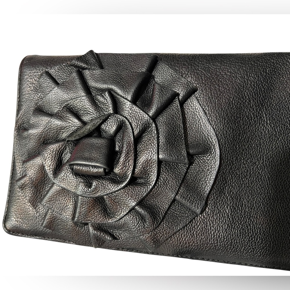 Elegant Tarnish Brand Black Leather Clutch with Beautiful Floral Detail